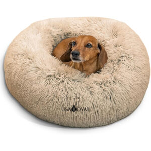 Best Friends by Sheri Original Calming Donut Dog and Cat Bed, Shag Faux Fur, Taupe, Small (23x23) - Helps Provide Anxiety Relief for Pets