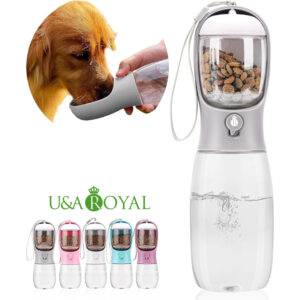 U&A ROYAL Dog Water Bottle, Portable Pet Water Bottle with Food Container, Outdoor Portable Water Dispenser for Cat, Puppy, Pets for Walking, Hiking, Travel, Puppy Essentials, Dog Stuff (19oz)