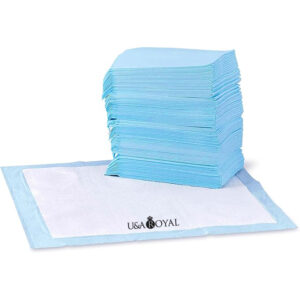 Amazon Basics Dog and Puppy Pee Pads with Leak-Proof Quick-Dry Design for Potty Training, Standard Absorbency, Regular Size, 22 x 22 Inches, Pack of 100, Blue & White
