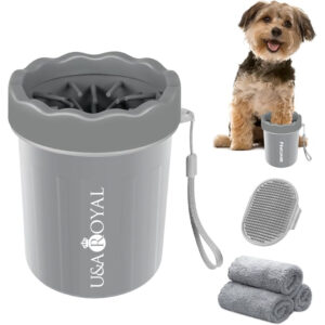 U&A ROYAL Portable Pet Paw Washer and Foot Cleaner with Silicone Brush, 3 Absorbent Towels for Small Dogs (Grey)