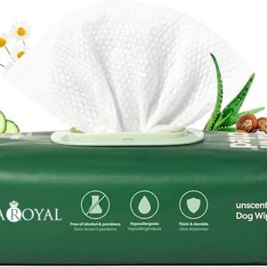 U&A ROYAL Pet Grooming Wipes for Dogs and Cats, Hypoallergenic, Cleaning and Hydrating, for Paws, Body and Butt, Unscented, 100 Count